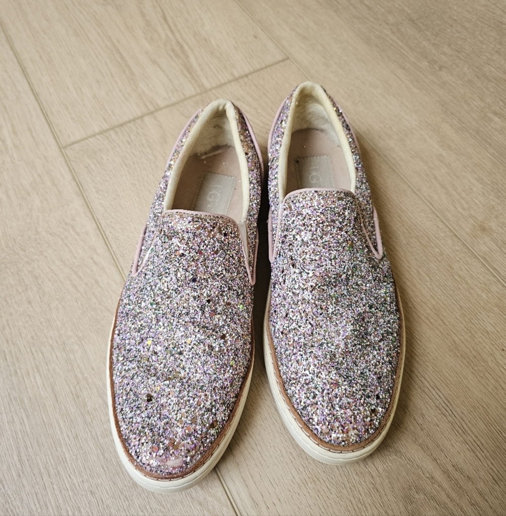 UGG Adley Pink Chunky Glitter Confetti Slip On Leather Shoes - Picture 7 of 10